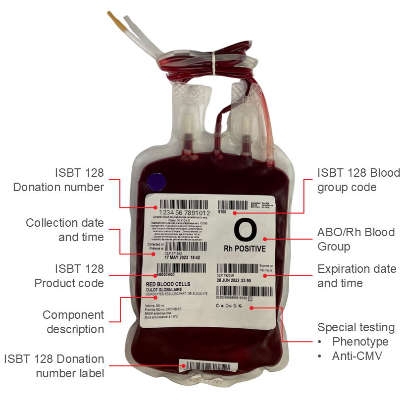 Canadian Blood Services label for a red blood cell unit.