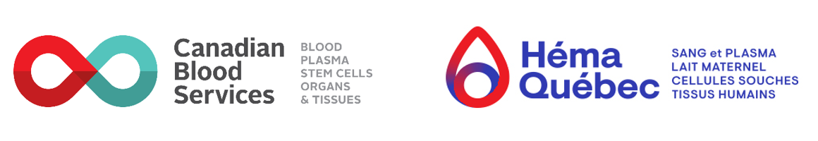 Canadian Blood Services logo. It is an infinity symbol where the left half is red and the right half is teal. The Hema Quebec logo is a drop outlined in a gradient from red to blue.