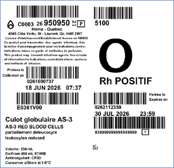 Image of a Héma-Québec ISBT 128 label.