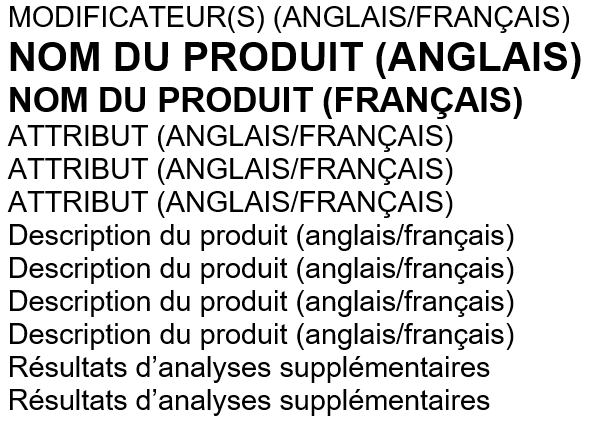 La description du produit figurera dans le quadrant inférieur gauche de l’étiquette des produits destinés à la transfusion, dans l’ordre indiqué ci dessous.